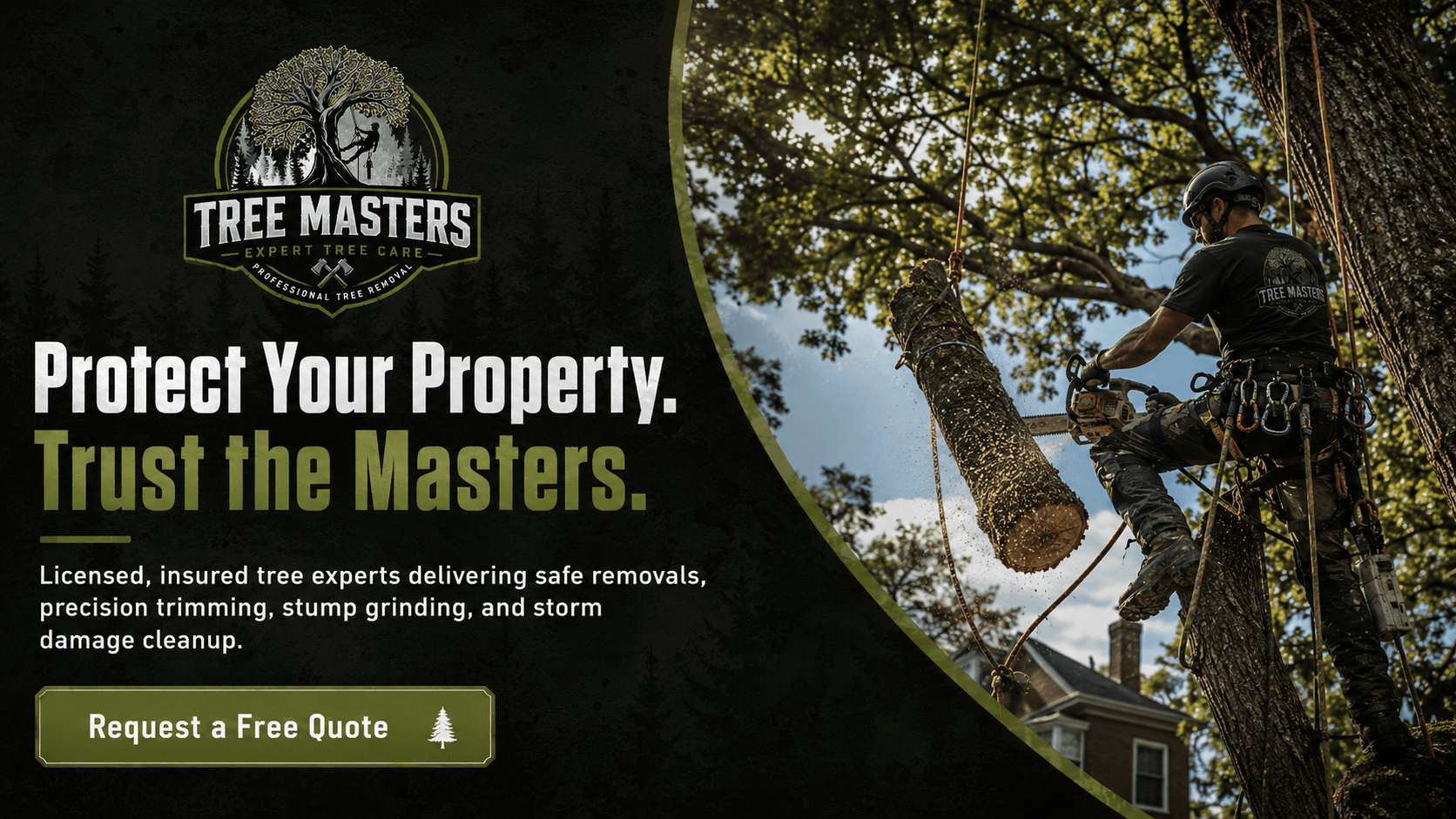 Tree Removal — Protect Your Property. Trust the Masters.. Safe takedown of any tree — hazardous, dead, or simply in the way. Big trees near the house, dangerous leaners, trees over power lines — our crew handles it all.
